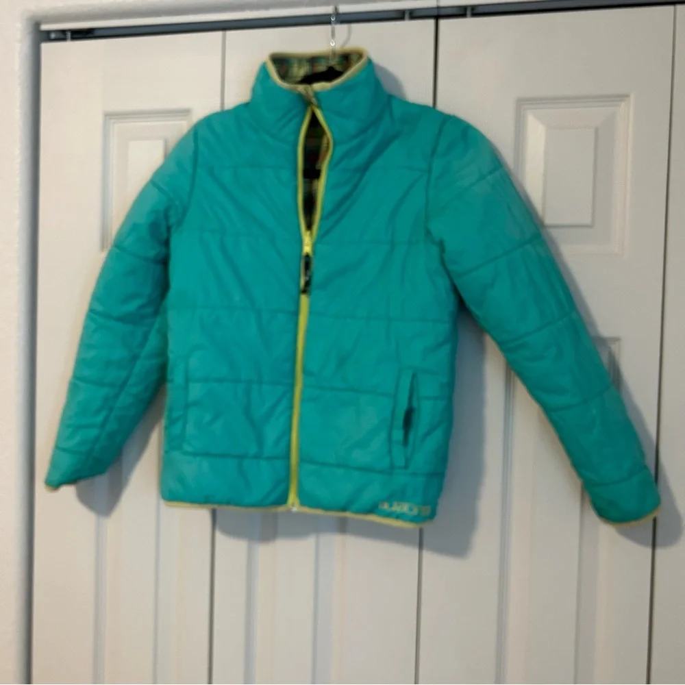 Burton Plaid and Teal Reversible Jacket Fall Kid Sz Medium Yellow Accent Zipper
